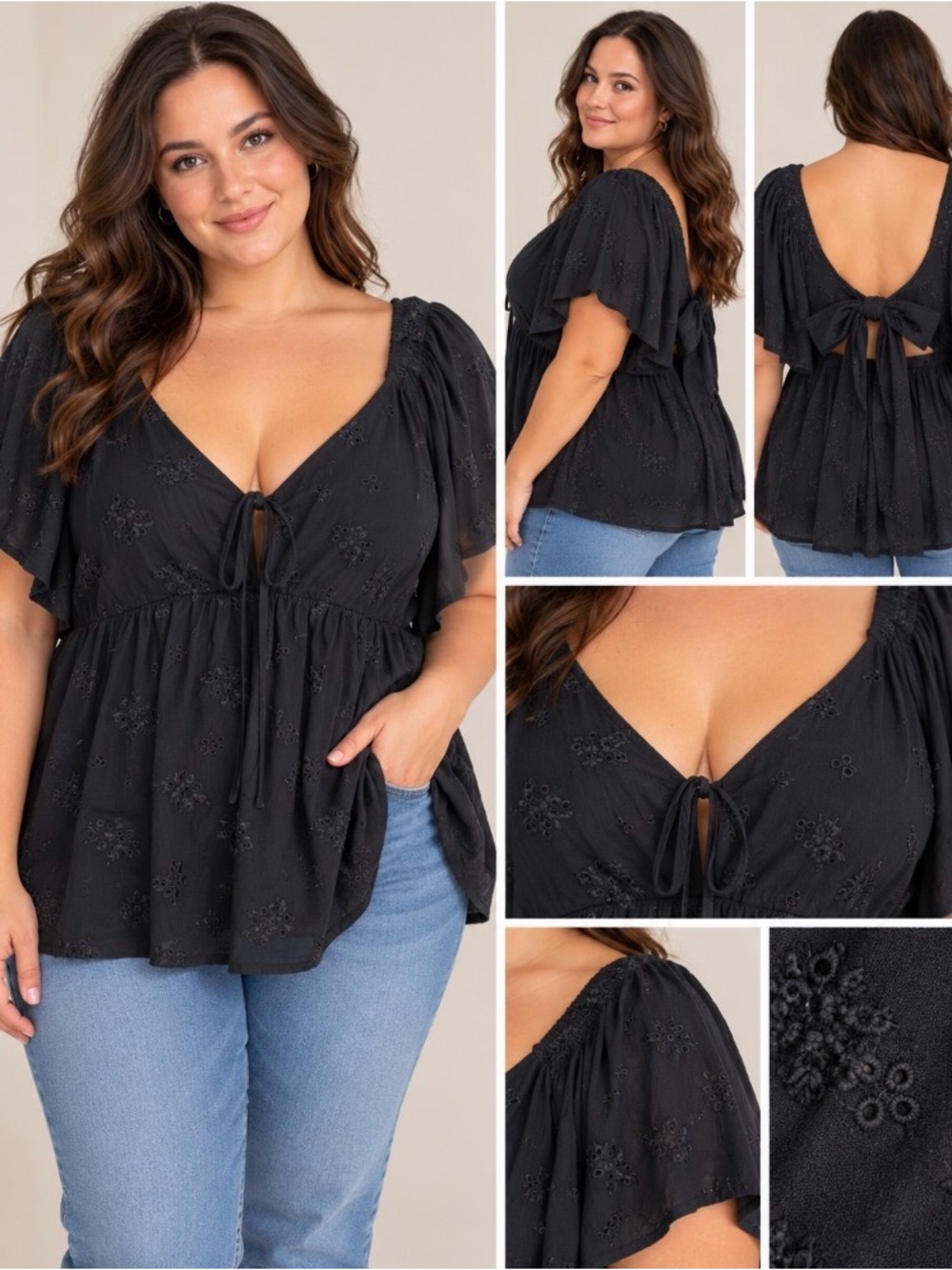 Torrid Size 3 Black Floral Eyelet Embroidered Babydoll Tie Back Blouse